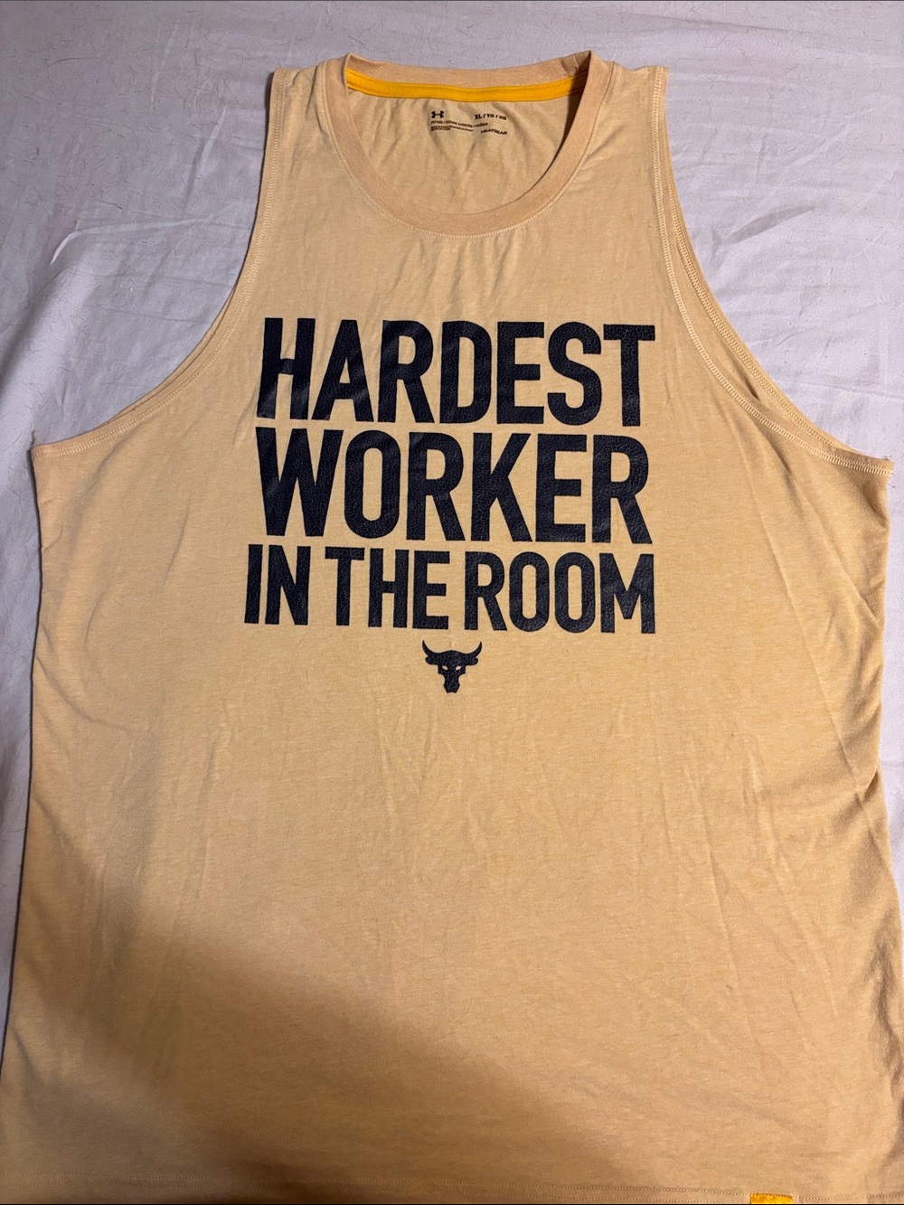Used men’s Under Armour Yellow Muscle Tank fitted heat-gear size XL w/blk letter